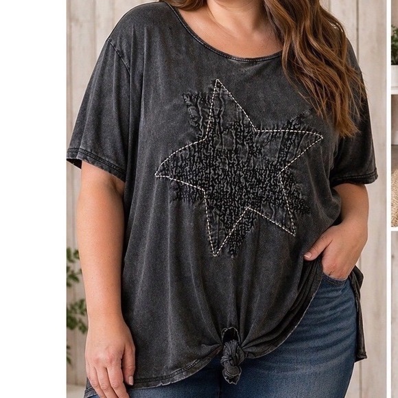 Ruff Hewn Tops - Ruff Hewn Womens 2X Charcoal Gray Mineral Wash Star‎ Graphic Front Tie T-Shirt